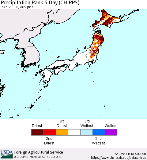 Japan Precipitation Rank since 1981, 5-Day (CHIRPS) Thematic Map For 9/26/2022 - 9/30/2022