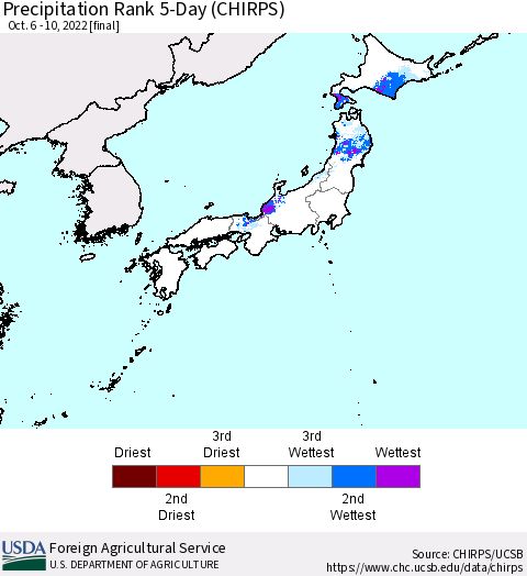 Japan Precipitation Rank since 1981, 5-Day (CHIRPS) Thematic Map For 10/6/2022 - 10/10/2022