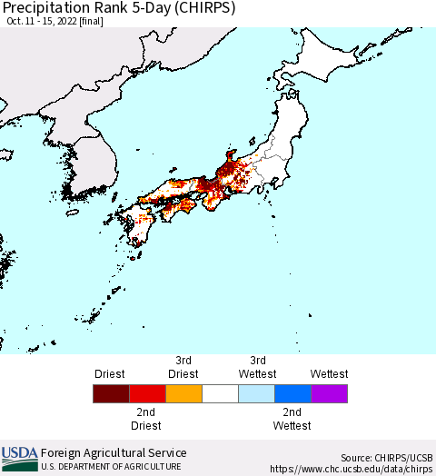Japan Precipitation Rank since 1981, 5-Day (CHIRPS) Thematic Map For 10/11/2022 - 10/15/2022