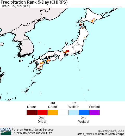 Japan Precipitation Rank since 1981, 5-Day (CHIRPS) Thematic Map For 10/21/2022 - 10/25/2022