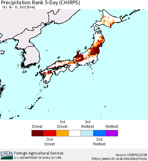 Japan Precipitation Rank since 1981, 5-Day (CHIRPS) Thematic Map For 10/26/2022 - 10/31/2022