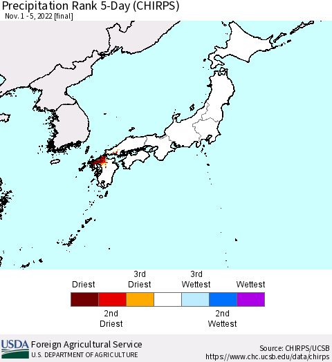 Japan Precipitation Rank since 1981, 5-Day (CHIRPS) Thematic Map For 11/1/2022 - 11/5/2022