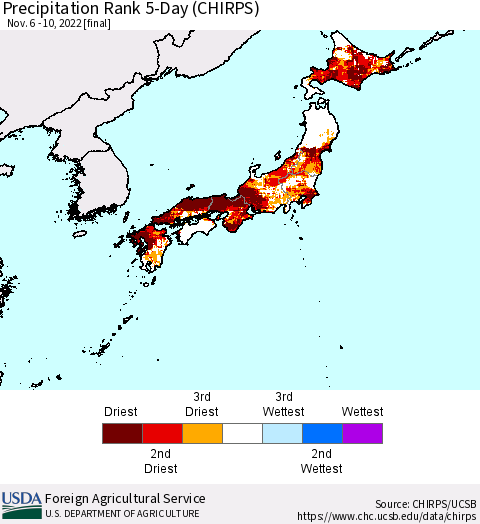 Japan Precipitation Rank since 1981, 5-Day (CHIRPS) Thematic Map For 11/6/2022 - 11/10/2022