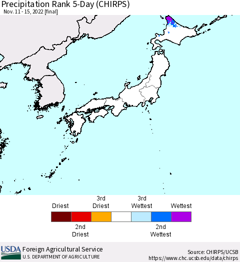 Japan Precipitation Rank since 1981, 5-Day (CHIRPS) Thematic Map For 11/11/2022 - 11/15/2022