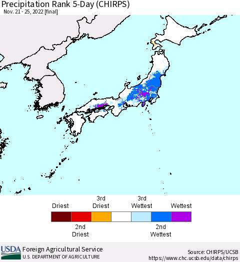 Japan Precipitation Rank since 1981, 5-Day (CHIRPS) Thematic Map For 11/21/2022 - 11/25/2022