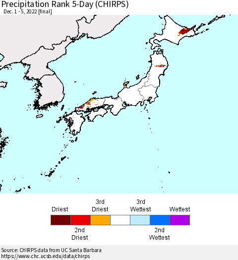 Japan Precipitation Rank since 1981, 5-Day (CHIRPS) Thematic Map For 12/1/2022 - 12/5/2022