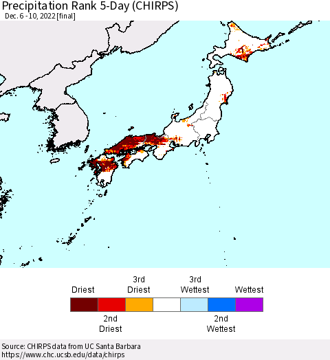 Japan Precipitation Rank since 1981, 5-Day (CHIRPS) Thematic Map For 12/6/2022 - 12/10/2022