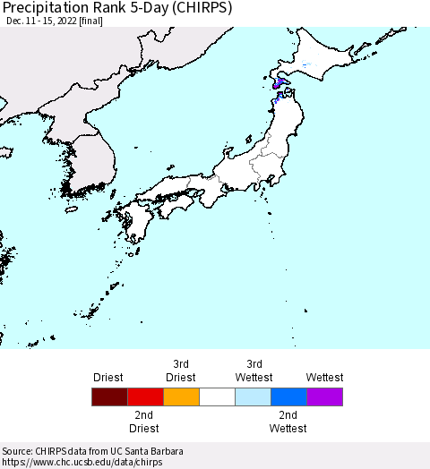 Japan Precipitation Rank since 1981, 5-Day (CHIRPS) Thematic Map For 12/11/2022 - 12/15/2022