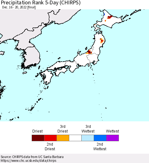 Japan Precipitation Rank since 1981, 5-Day (CHIRPS) Thematic Map For 12/16/2022 - 12/20/2022