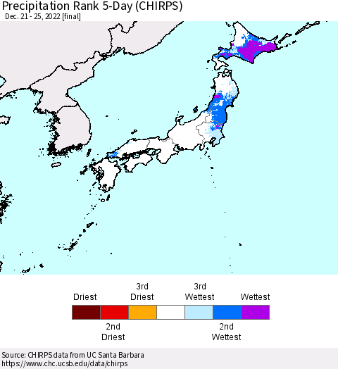 Japan Precipitation Rank since 1981, 5-Day (CHIRPS) Thematic Map For 12/21/2022 - 12/25/2022