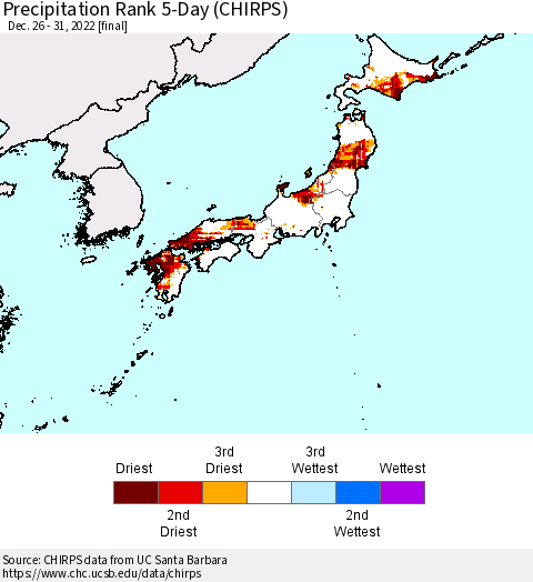 Japan Precipitation Rank since 1981, 5-Day (CHIRPS) Thematic Map For 12/26/2022 - 12/31/2022