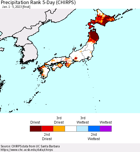Japan Precipitation Rank since 1981, 5-Day (CHIRPS) Thematic Map For 1/1/2023 - 1/5/2023