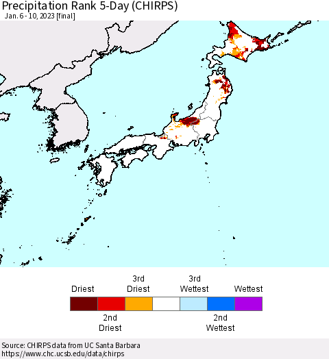 Japan Precipitation Rank since 1981, 5-Day (CHIRPS) Thematic Map For 1/6/2023 - 1/10/2023