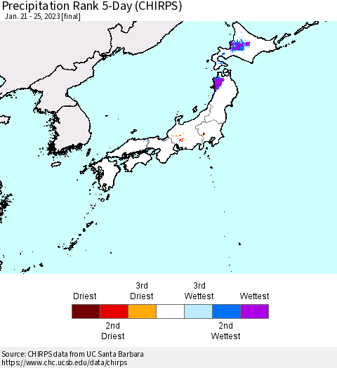 Japan Precipitation Rank since 1981, 5-Day (CHIRPS) Thematic Map For 1/21/2023 - 1/25/2023