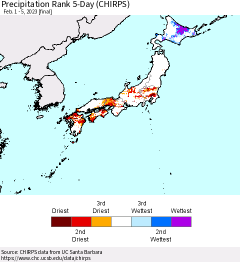 Japan Precipitation Rank since 1981, 5-Day (CHIRPS) Thematic Map For 2/1/2023 - 2/5/2023