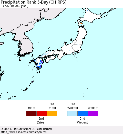 Japan Precipitation Rank since 1981, 5-Day (CHIRPS) Thematic Map For 2/6/2023 - 2/10/2023