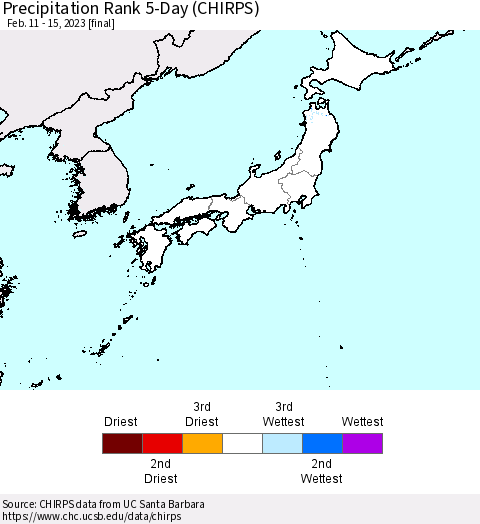 Japan Precipitation Rank since 1981, 5-Day (CHIRPS) Thematic Map For 2/11/2023 - 2/15/2023