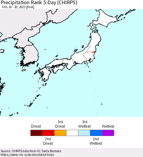 Japan Precipitation Rank since 1981, 5-Day (CHIRPS) Thematic Map For 2/16/2023 - 2/20/2023