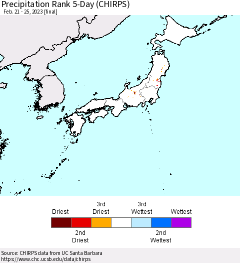 Japan Precipitation Rank since 1981, 5-Day (CHIRPS) Thematic Map For 2/21/2023 - 2/25/2023