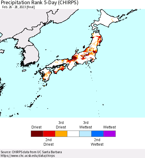 Japan Precipitation Rank since 1981, 5-Day (CHIRPS) Thematic Map For 2/26/2023 - 2/28/2023