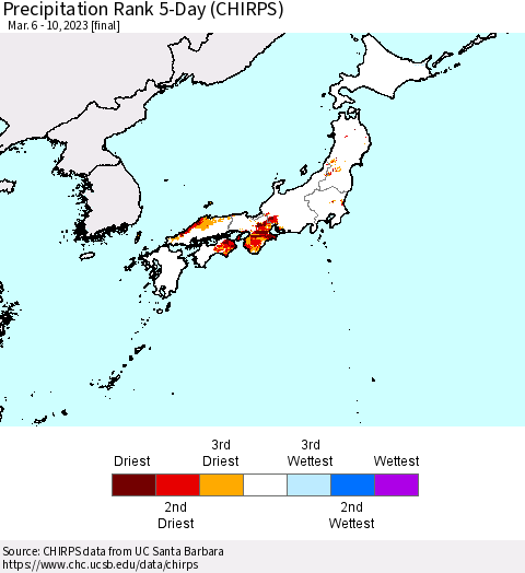 Japan Precipitation Rank since 1981, 5-Day (CHIRPS) Thematic Map For 3/6/2023 - 3/10/2023