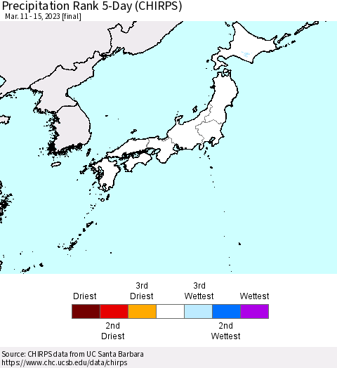 Japan Precipitation Rank since 1981, 5-Day (CHIRPS) Thematic Map For 3/11/2023 - 3/15/2023