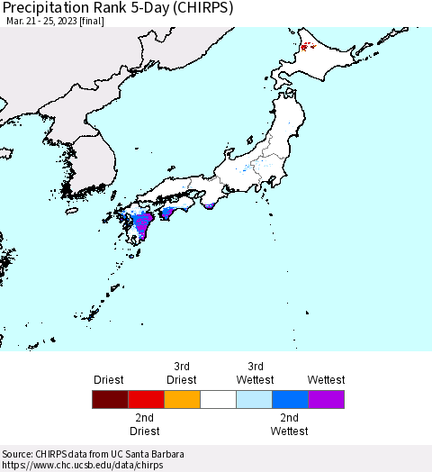 Japan Precipitation Rank since 1981, 5-Day (CHIRPS) Thematic Map For 3/21/2023 - 3/25/2023