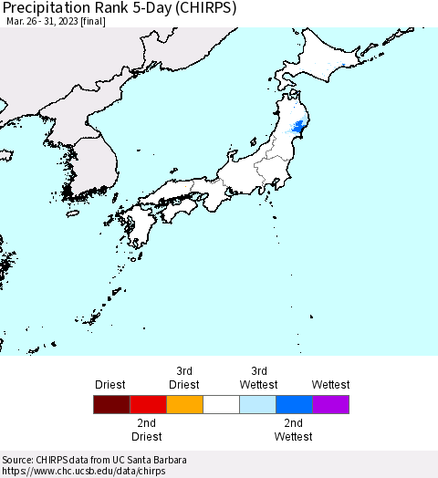 Japan Precipitation Rank since 1981, 5-Day (CHIRPS) Thematic Map For 3/26/2023 - 3/31/2023