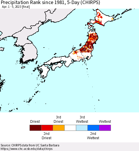 Japan Precipitation Rank since 1981, 5-Day (CHIRPS) Thematic Map For 4/1/2023 - 4/5/2023