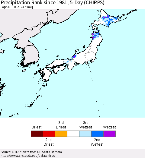Japan Precipitation Rank since 1981, 5-Day (CHIRPS) Thematic Map For 4/6/2023 - 4/10/2023