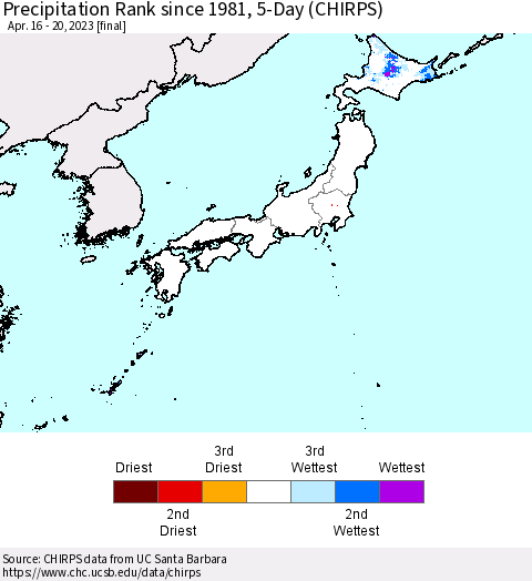 Japan Precipitation Rank since 1981, 5-Day (CHIRPS) Thematic Map For 4/16/2023 - 4/20/2023