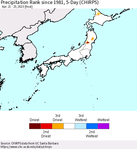 Japan Precipitation Rank since 1981, 5-Day (CHIRPS) Thematic Map For 4/21/2023 - 4/25/2023