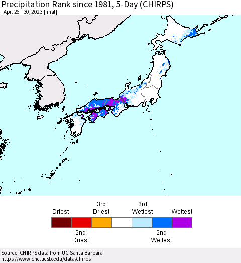 Japan Precipitation Rank since 1981, 5-Day (CHIRPS) Thematic Map For 4/26/2023 - 4/30/2023