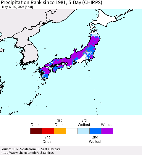 Japan Precipitation Rank since 1981, 5-Day (CHIRPS) Thematic Map For 5/6/2023 - 5/10/2023