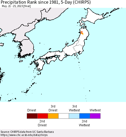 Japan Precipitation Rank since 1981, 5-Day (CHIRPS) Thematic Map For 5/21/2023 - 5/25/2023