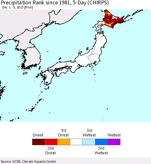 Japan Precipitation Rank since 1981, 5-Day (CHIRPS) Thematic Map For 12/1/2023 - 12/5/2023
