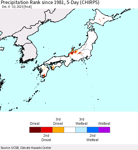 Japan Precipitation Rank since 1981, 5-Day (CHIRPS) Thematic Map For 12/6/2023 - 12/10/2023