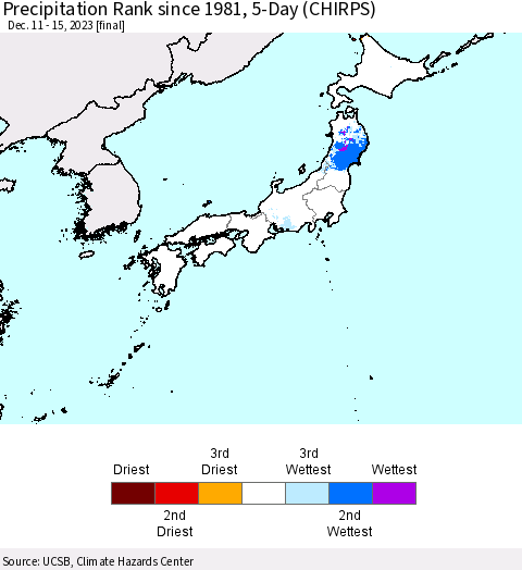 Japan Precipitation Rank since 1981, 5-Day (CHIRPS) Thematic Map For 12/11/2023 - 12/15/2023