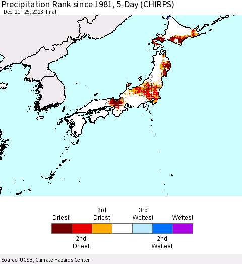 Japan Precipitation Rank since 1981, 5-Day (CHIRPS) Thematic Map For 12/21/2023 - 12/25/2023