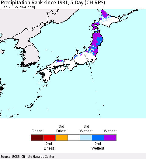 Japan Precipitation Rank since 1981, 5-Day (CHIRPS) Thematic Map For 1/21/2024 - 1/25/2024