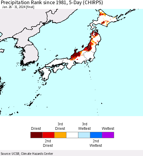 Japan Precipitation Rank since 1981, 5-Day (CHIRPS) Thematic Map For 1/26/2024 - 1/31/2024