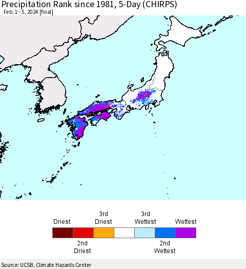 Japan Precipitation Rank since 1981, 5-Day (CHIRPS) Thematic Map For 2/1/2024 - 2/5/2024
