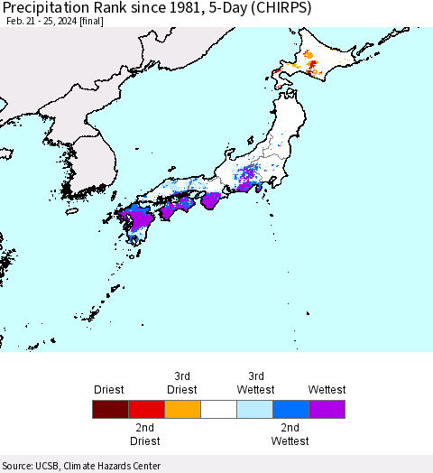 Japan Precipitation Rank since 1981, 5-Day (CHIRPS) Thematic Map For 2/21/2024 - 2/25/2024