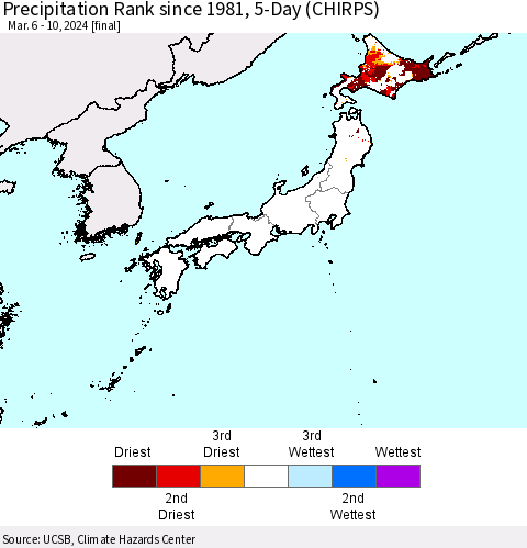 Japan Precipitation Rank since 1981, 5-Day (CHIRPS) Thematic Map For 3/6/2024 - 3/10/2024