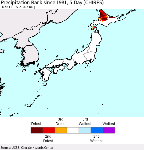 Japan Precipitation Rank since 1981, 5-Day (CHIRPS) Thematic Map For 3/11/2024 - 3/15/2024