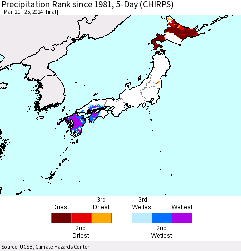 Japan Precipitation Rank since 1981, 5-Day (CHIRPS) Thematic Map For 3/21/2024 - 3/25/2024