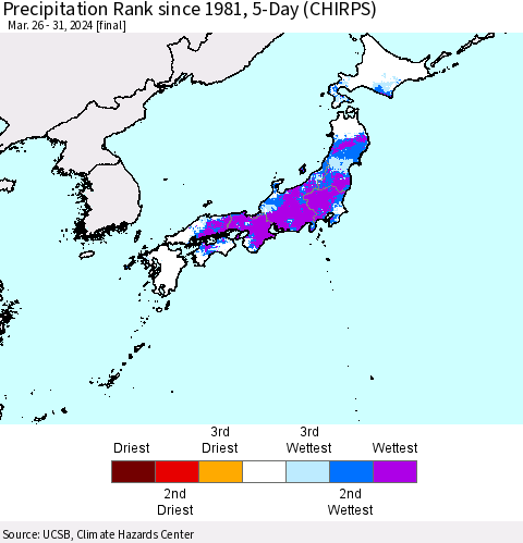 Japan Precipitation Rank since 1981, 5-Day (CHIRPS) Thematic Map For 3/26/2024 - 3/31/2024