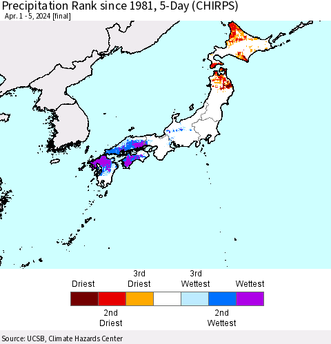 Japan Precipitation Rank since 1981, 5-Day (CHIRPS) Thematic Map For 4/1/2024 - 4/5/2024