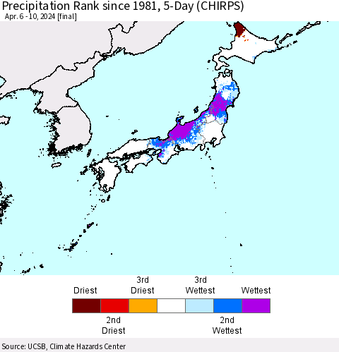 Japan Precipitation Rank since 1981, 5-Day (CHIRPS) Thematic Map For 4/6/2024 - 4/10/2024