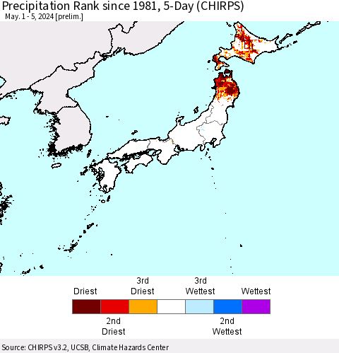 Japan Precipitation Rank since 1981, 5-Day (CHIRPS) Thematic Map For 5/1/2024 - 5/5/2024